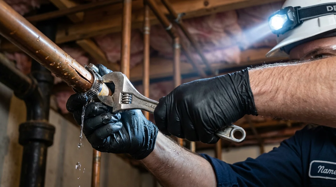 Emergency pipe clamp repair being performed by a Johns Plumbing LLC plumber in Bogata