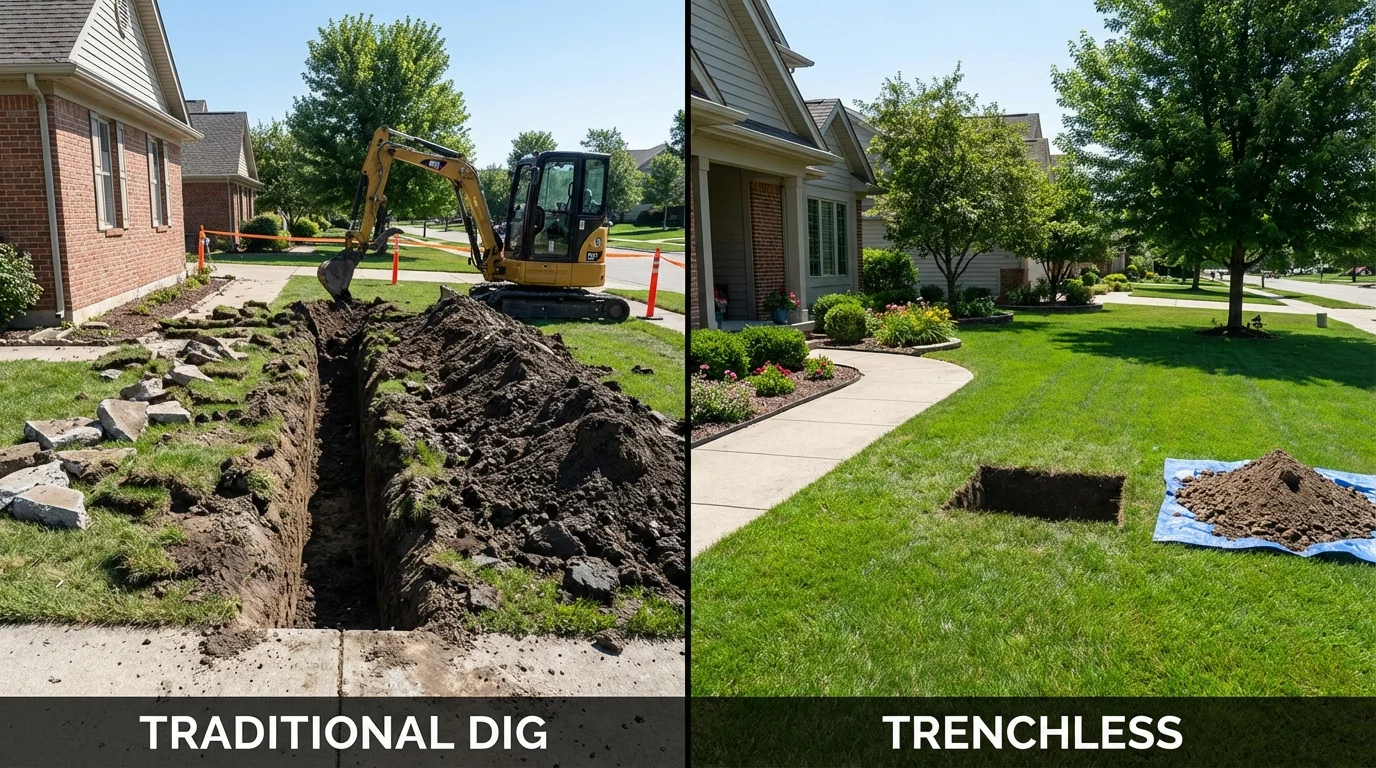 Trenchless sewer repair with minimal yard damage versus traditional excavation in Bogata, TX