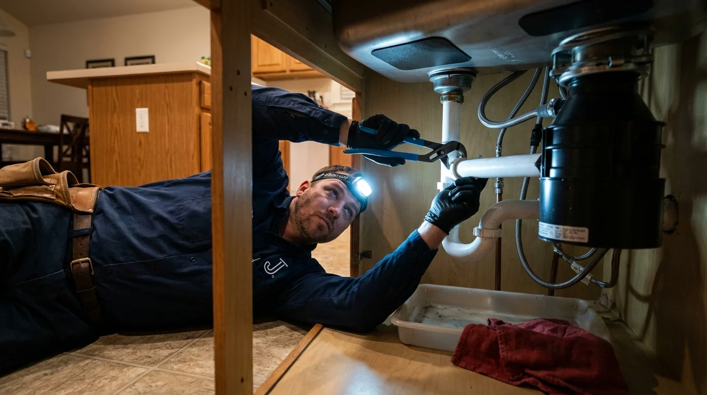 P-trap and supply line connections under a kitchen sink showing a common leak point in Bogata, TX